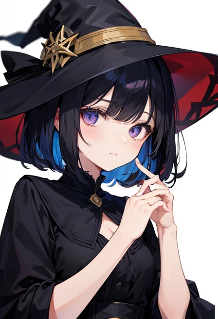 Witch's outfit, Anime-style portrait of a girl with a deep violet bob cut making eye contact with the camera, bright eyes, baby-faced, subtle smile, minimalistic background to emphasize character, high contrast, clean lines, digital painting, vivid colors
