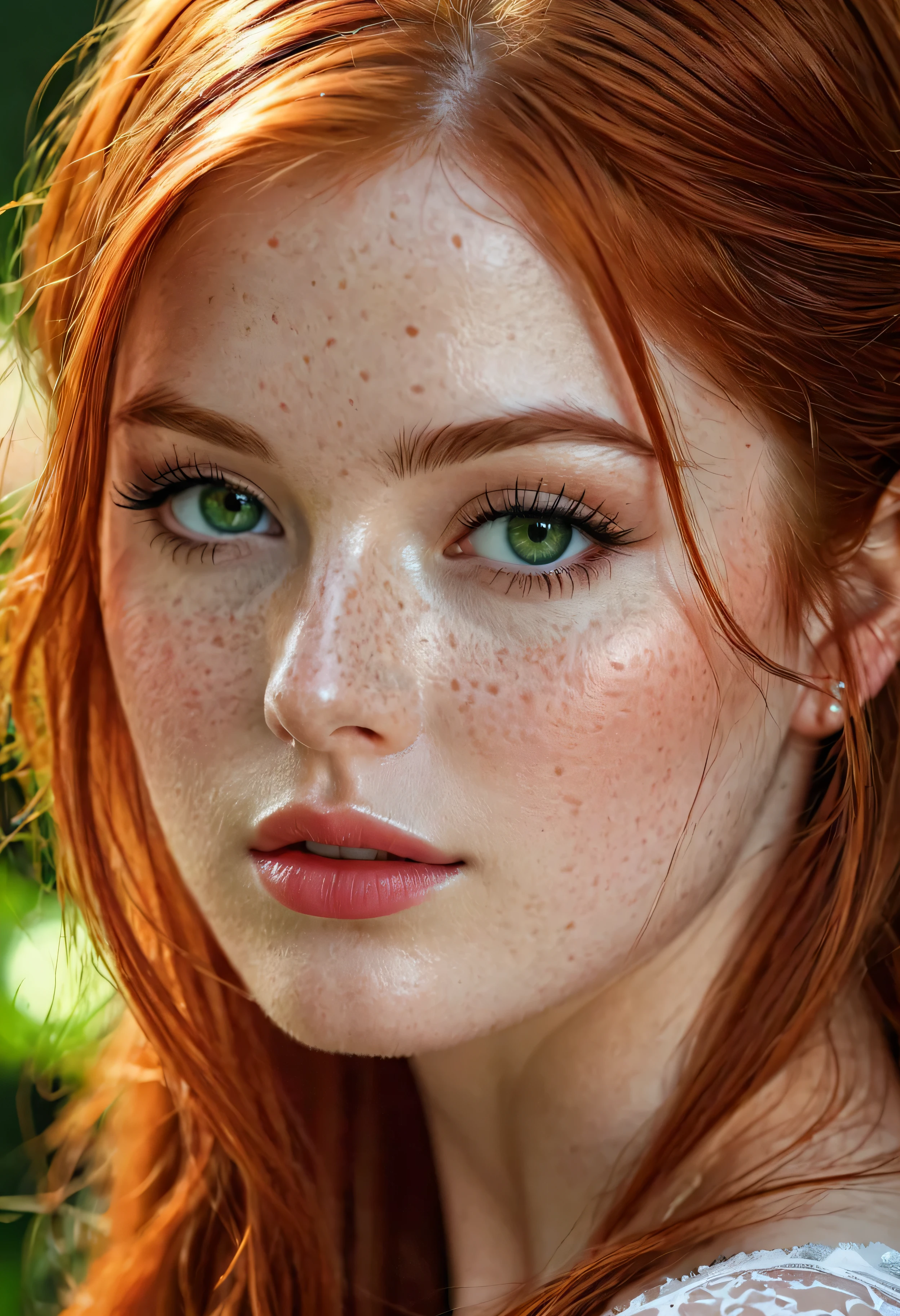 ((best quality)), ((masterpiece)), (detailed), close-up person, long red hair, freckles, full lips, green eyes, long eye lashes, (fantasy art:1.3), highly detailed face, beautiful artwork illustration, (portrait composition:1.3), low key, shallow depth of field, focus on eyes, (rating_explicit), (score_9, score_8_up, score_7_up, score_6_up, score_5_up, score_4_up) high res, masterpiece, shiny smooth skin, close up, slightly round face, slightly chubby, very sexy, lewd, wet lips, enticing, seductive, in a garden, wearing long dress.