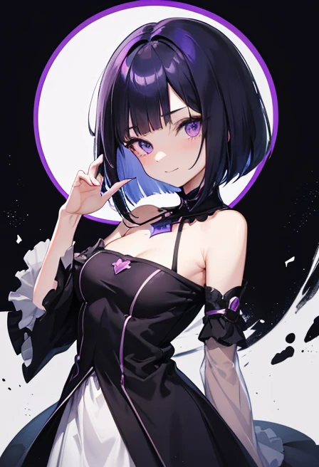 Witch's outfit, Anime-style portrait of a girl with a deep violet bob cut making eye contact with the camera, bright eyes, baby-faced, subtle smile, minimalistic background to emphasize character, high contrast, clean lines, digital painting, vivid colors