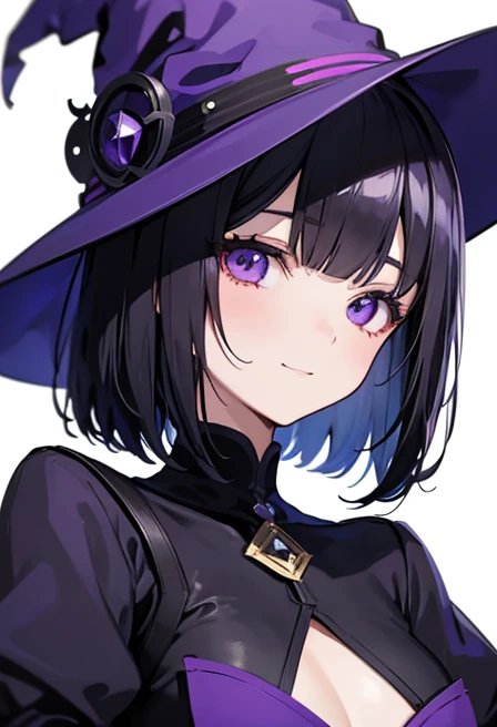 Witch's outfit, Anime-style portrait of a girl with a deep violet bob cut making eye contact with the camera, bright eyes, baby-faced, subtle smile, minimalistic background to emphasize character, high contrast, clean lines, digital painting, vivid colors