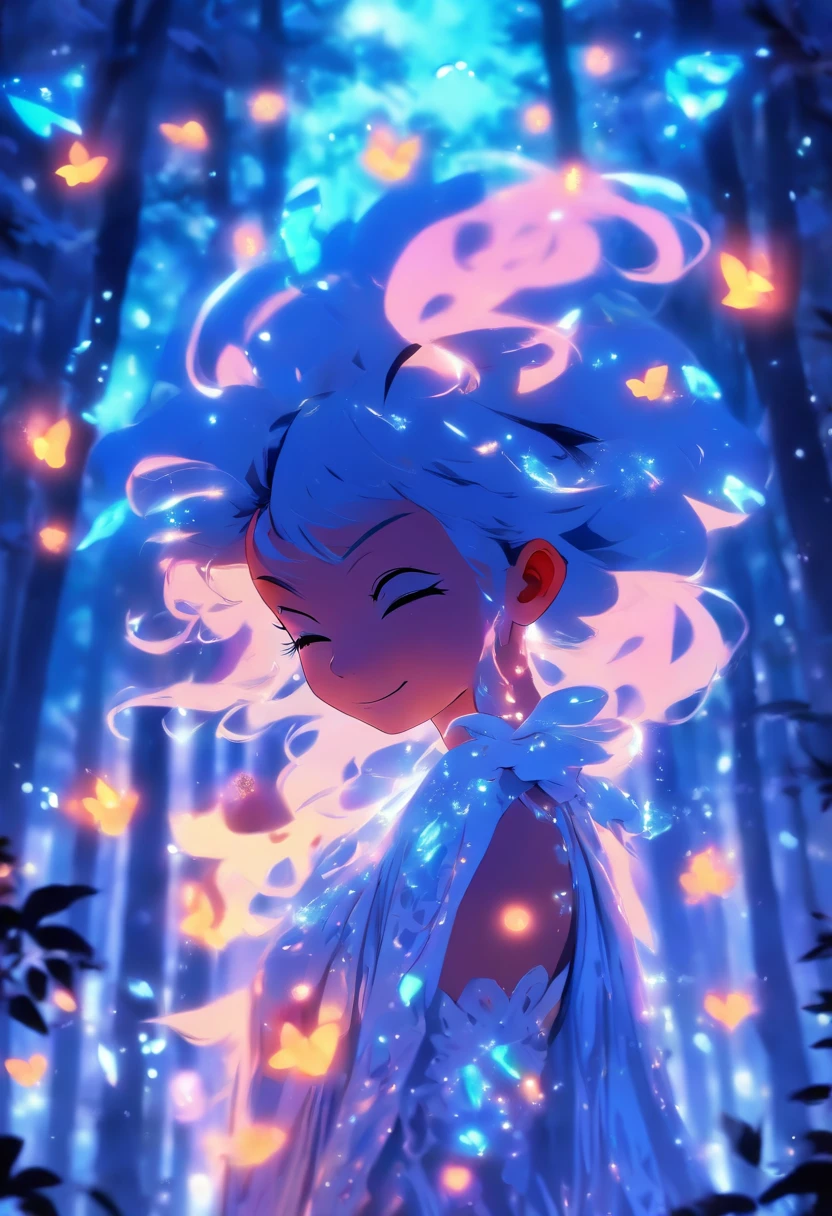 (((Infront a backdrop of think leaves with dew on them in the forest))) Is a girl ((smiling)) ((full body)) with a white and blue flower kneeling, eyes closed, her arms folded around herself,, wearing a luminating Light wide strap dress. Her Dress send out beams of white light inluminating the darkness around her black moths swirl around the light by starsnits90 3d art, inspired by WLOP, Artstatianime", 3d anime art, inspired byArtstation,genshinimpact pixiv, extremely detailed, aesthetic, concept art, ultrafine detail, breathtaking, 8k resolution, pixiv, extremely detailed, aesthetic, concept art, ultrafine detail, breathtaking, 8hd resolution,