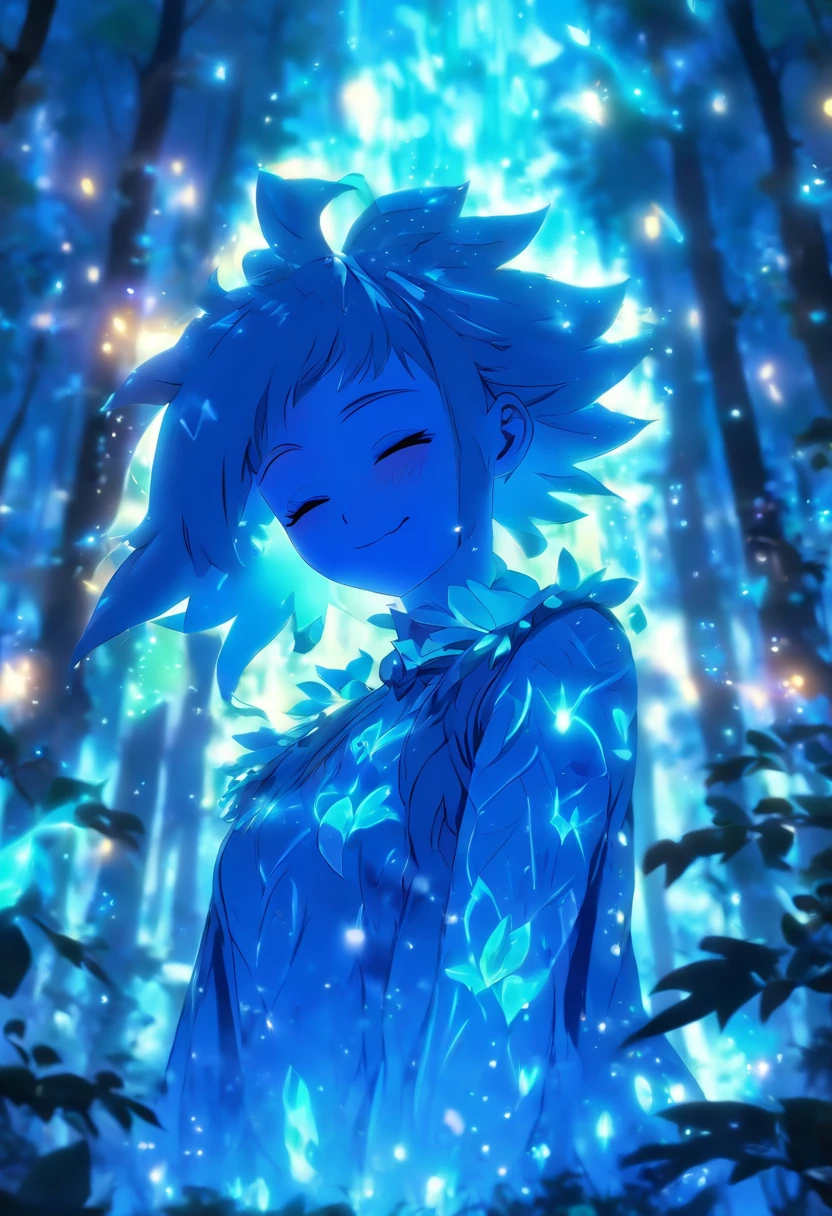 (((Infront a backdrop of think leaves with dew on them in the forest))) Is a girl ((smiling)) ((full body)) with a white and blue flower kneeling, eyes closed, her arms folded around herself,, wearing a luminating Light wide strap dress. Her Dress send out beams of white light inluminating the darkness around her black moths swirl around the light by starsnits90 3d art, inspired by WLOP, Artstatianime", 3d anime art, inspired byArtstation,genshinimpact pixiv, extremely detailed, aesthetic, concept art, ultrafine detail, breathtaking, 8k resolution, pixiv, extremely detailed, aesthetic, concept art, ultrafine detail, breathtaking, 8hd resolution,