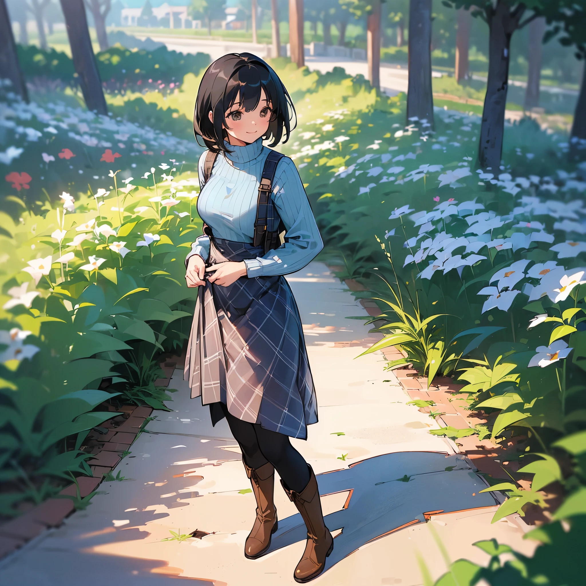 (high quality, High resolution, Super detailed, reality:1.37), peaceful atmosphere, (outdoor, garden), teenage girl standing alone, (my breasts are big.), Beautiful detail features, cute smile, (black bob hair), ribbed sweater, blue plaid skirt, black tights, brown boots.