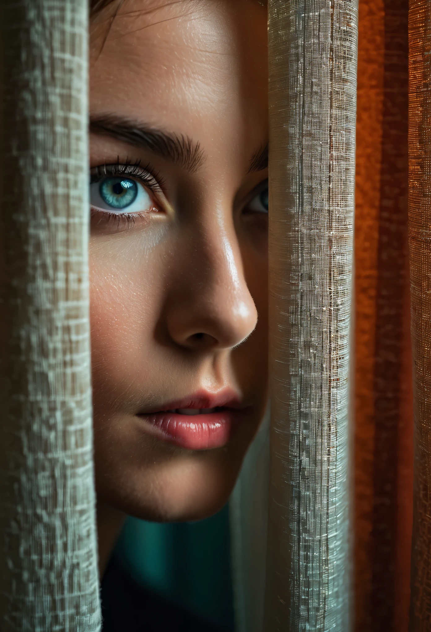 RAW photo, beautiful eyes, macro shot, masterpiece, peeking from behind curtains, colorful details, award winning, high detailed, 8k, natural lighting, analog film, detailed skin, amazing composition, intricate details, subsurface scattering, velus hairs, amazing textures, filmic, chiaroscuro, soft light