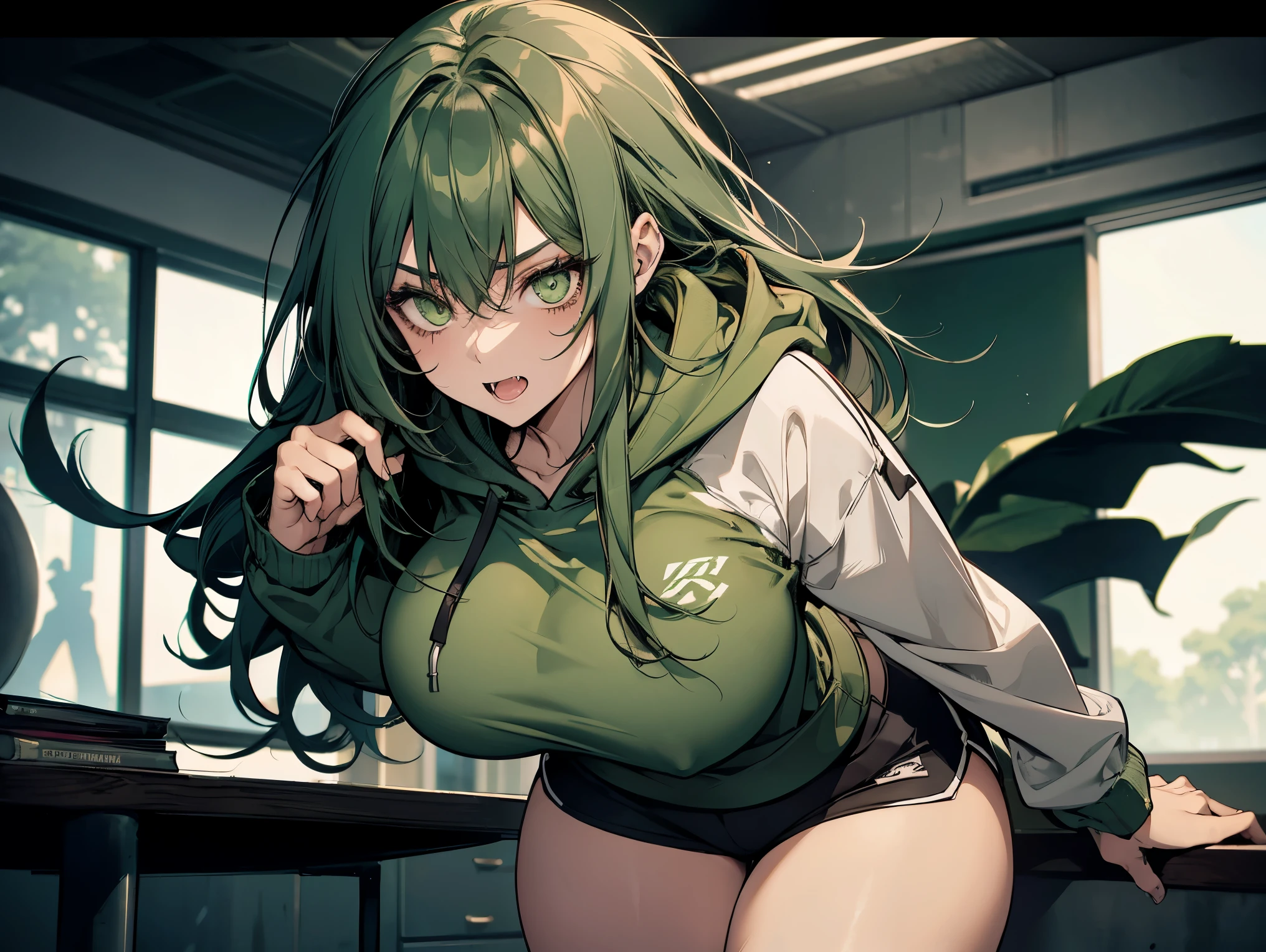 1female, teacher, wearing a dirty green tint hoodie, bootyshorts, Thicc, big breast, dirty green tint hair, long hair, white eyes, face to detail, detailed eyes, the background is a Dark room, showing her fangs, staring into the screen.