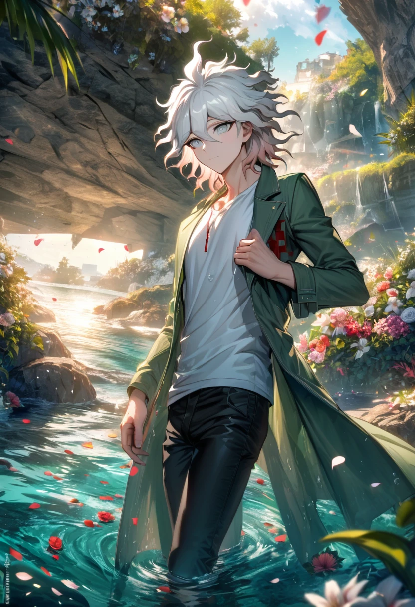 Ultra detailed, Highres, absurdres, HDR, Komaeda Nagito, white hair, silver eyes, green long coat, white t-shirt, black pants, Danganronpa 2, 1 man only, water, petals, flowers, summer, handsome