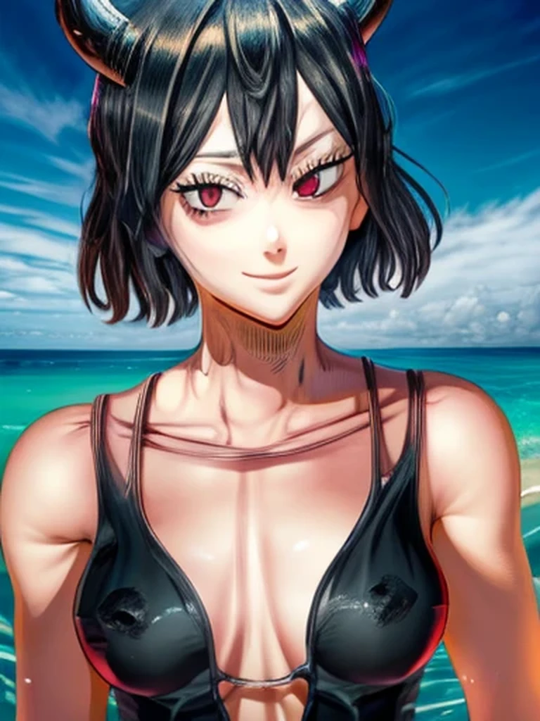 (best quality,highres,realistic:1.2),anime,Chica Nero from Black Clover,beautiful detailed eyes,smiling,posing,in a swimsuit