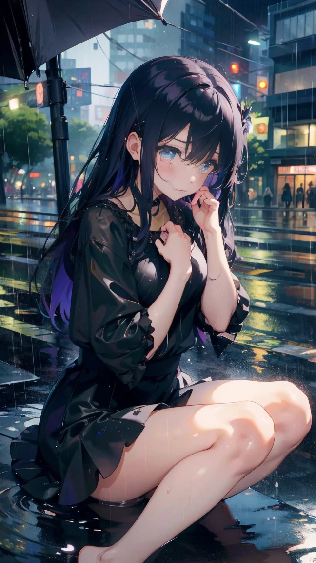 1 anime girl, alone,Black petals flutter, A mysteriously shining butterfly.city,vivid hair,Vivid gemstone eyes,thin legs,Gloomy cloudy sky,sad expression,very clear,highest quality,rainy city,street corner,Are crying,tears,close up of face,Sit in the water,barefoot,heavy rain,turn to the side