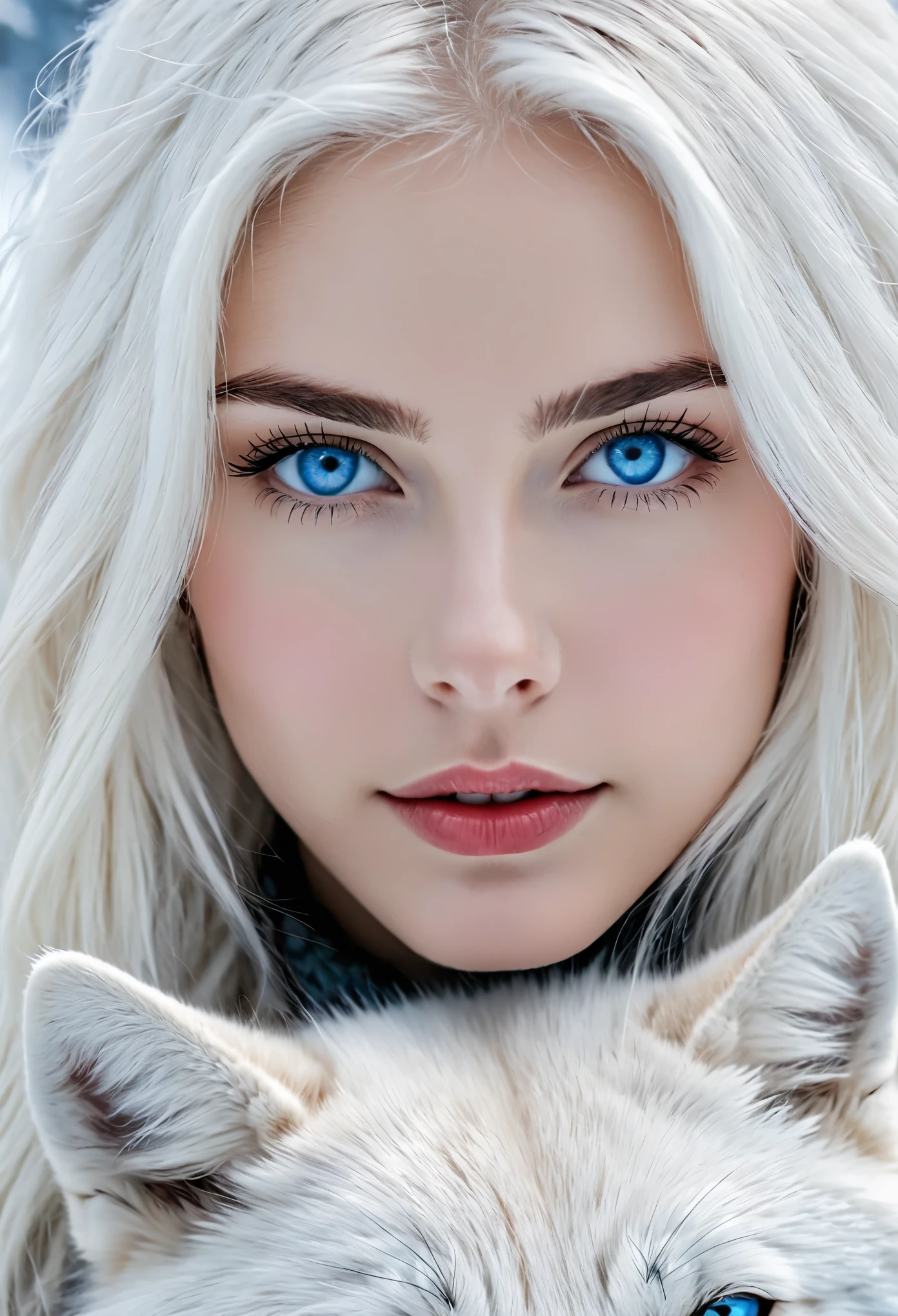 girl with white hair and bright blue eyes looking at viewer, white wolf with bright blue eyes, snowy landscape, close up, 8k, uhd, masterpiece,
