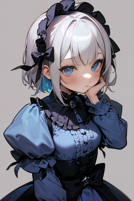 short gray hair, blush, Gothic Lolita、punk fashion、Headbang 2.、blue clothes、Concept Sheet