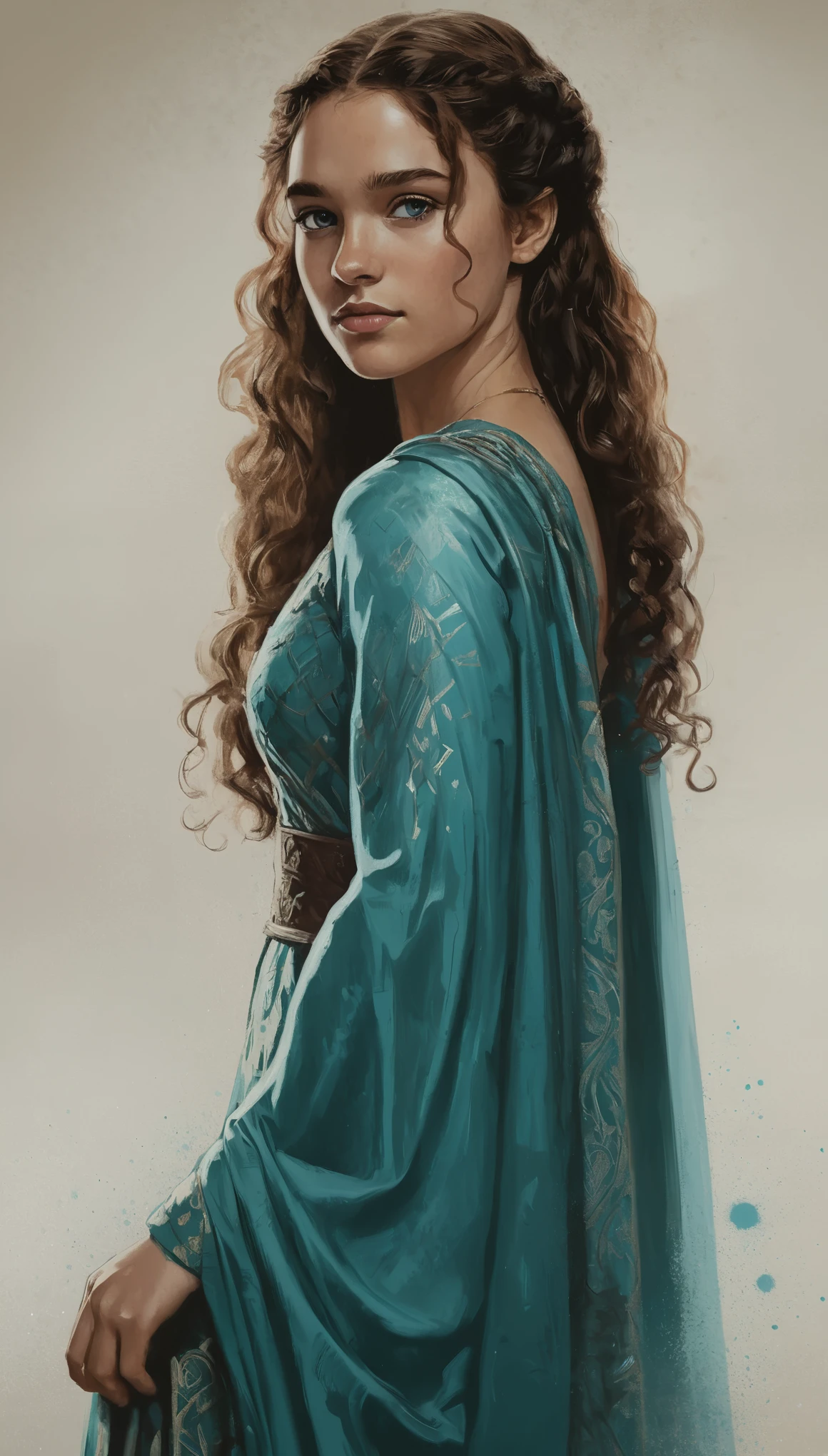An illustrated movie poster, hand-drawn, full color, a Westerosi teenage girl, wearing a regal gown, warm brown complexion, freckles, turquoise eyes, dark hair, long loose curls, waist-length hair, posing on a pedestal, hard shadows, graphite shading, stencil marks, airbrushed acrylic paint, masterpiece, in the style of Game of Thrones 