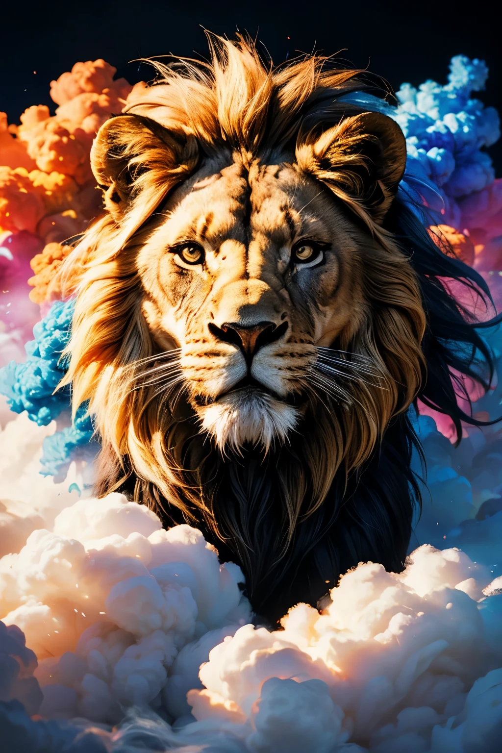  lion surrounded by colorful smoke, white background,(((colorful smoke around ))) portrait 