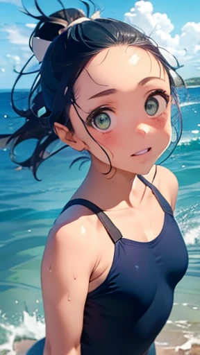 highest quality、realistic、Japanese、girl、cowboy shot、look up、cute、Green eyes、ponytail、black hair、all back、Forehead is coming out、Ocean、light blue swimsuit、joy、sunburn、Midsummer、Sweat、slender、small breasts