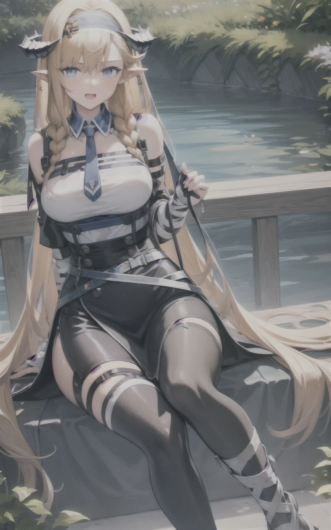 In a pool in the forest,The blonde girl is taking off her shoes and soaking her feet,Pleasant demeanor,picture quality is high
