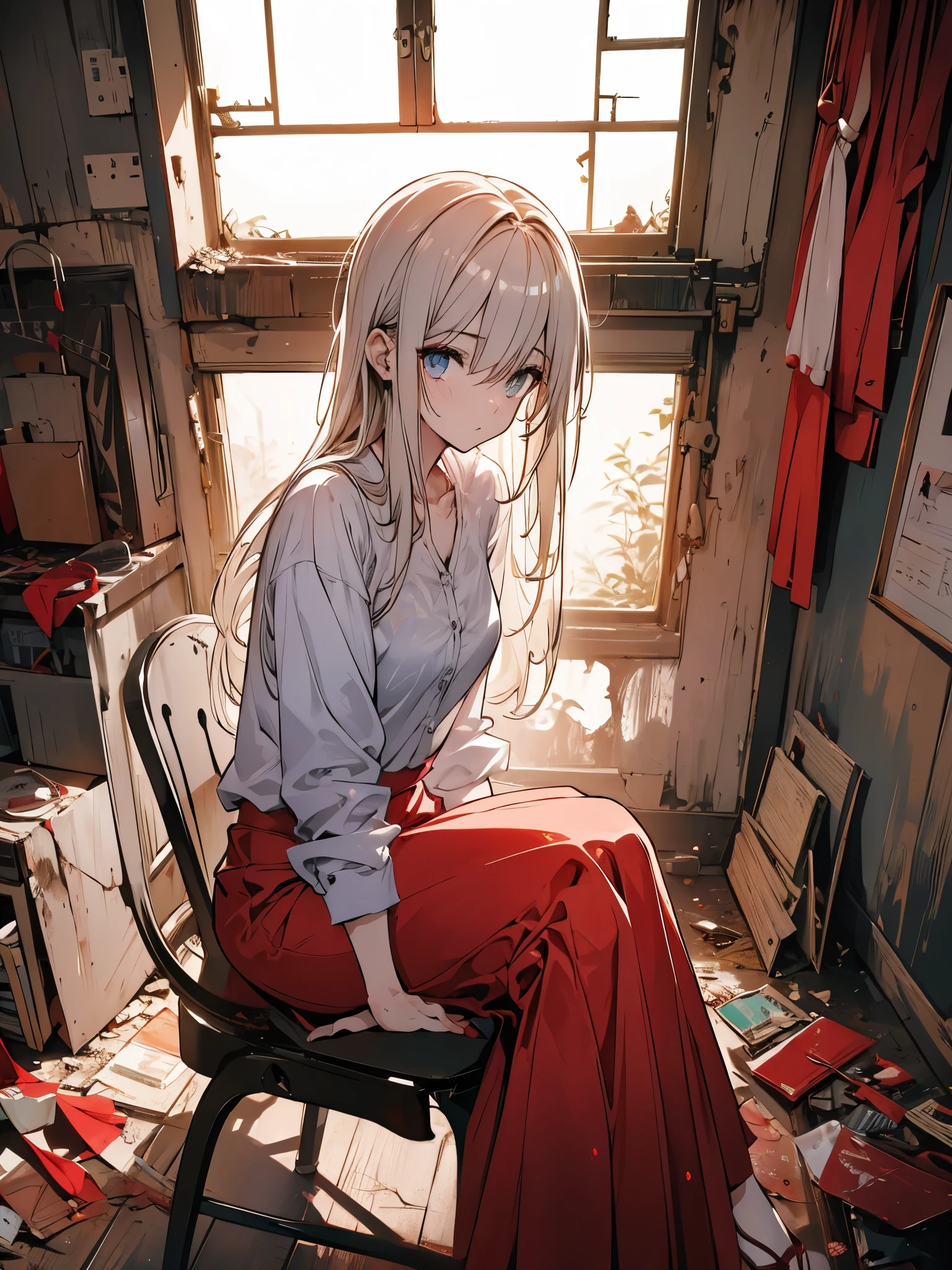 Arti futuro anime. aerial view, dirty woman sitting on chair in dilapidated house, wet, messy hair over eyes, camisa bodycon detalhada e saia plissada. vixip, paisagem em close, ferir. Hand drawing, cinematic lighting, altamente detalhado. branco, marrom, vermelho. Perfect composition, obra de arte, Melhor qualidade, 4K, sharp focus. anatomia perfeita.