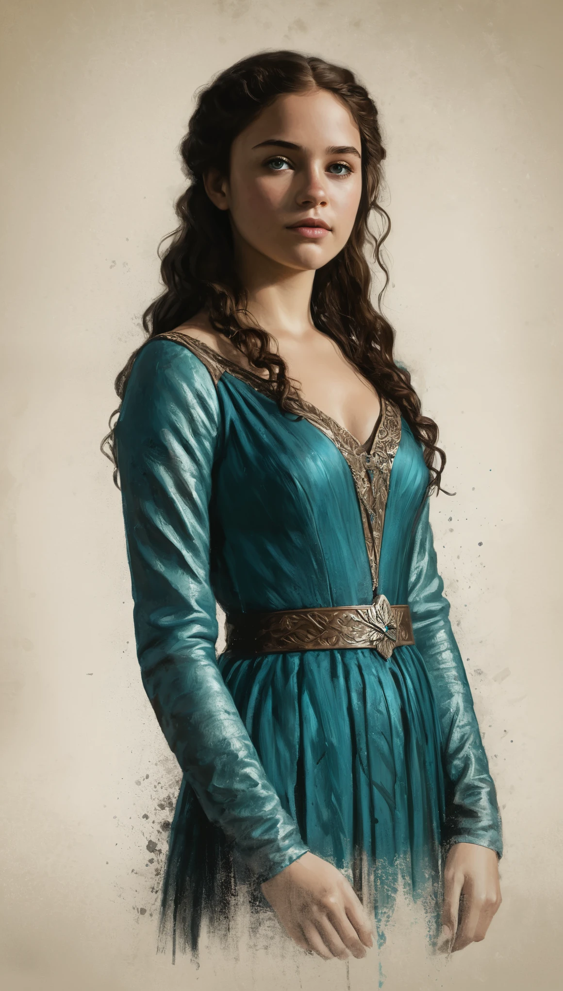 An illustrated movie poster, hand-drawn, full color, a Westerosi teenage girl, wearing a regal gown, warm brown complexion, freckles, turquoise eyes, dark hair, long loose curls, waist-length hair, posing on a pedestal, hard shadows, graphite shading, stencil marks, airbrushed acrylic paint, masterpiece, in the style of Game of Thrones