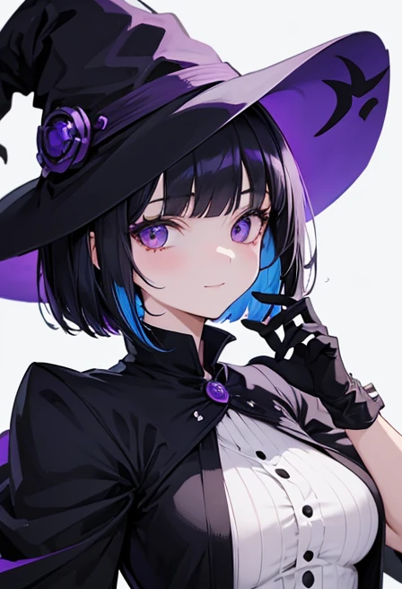 Witch's outfit, Anime-style portrait of a girl with a deep violet bob cut making eye contact with the camera, bright eyes, baby-faced, subtle smile, minimalistic background to emphasize character, high contrast, clean lines, digital painting, vivid colors