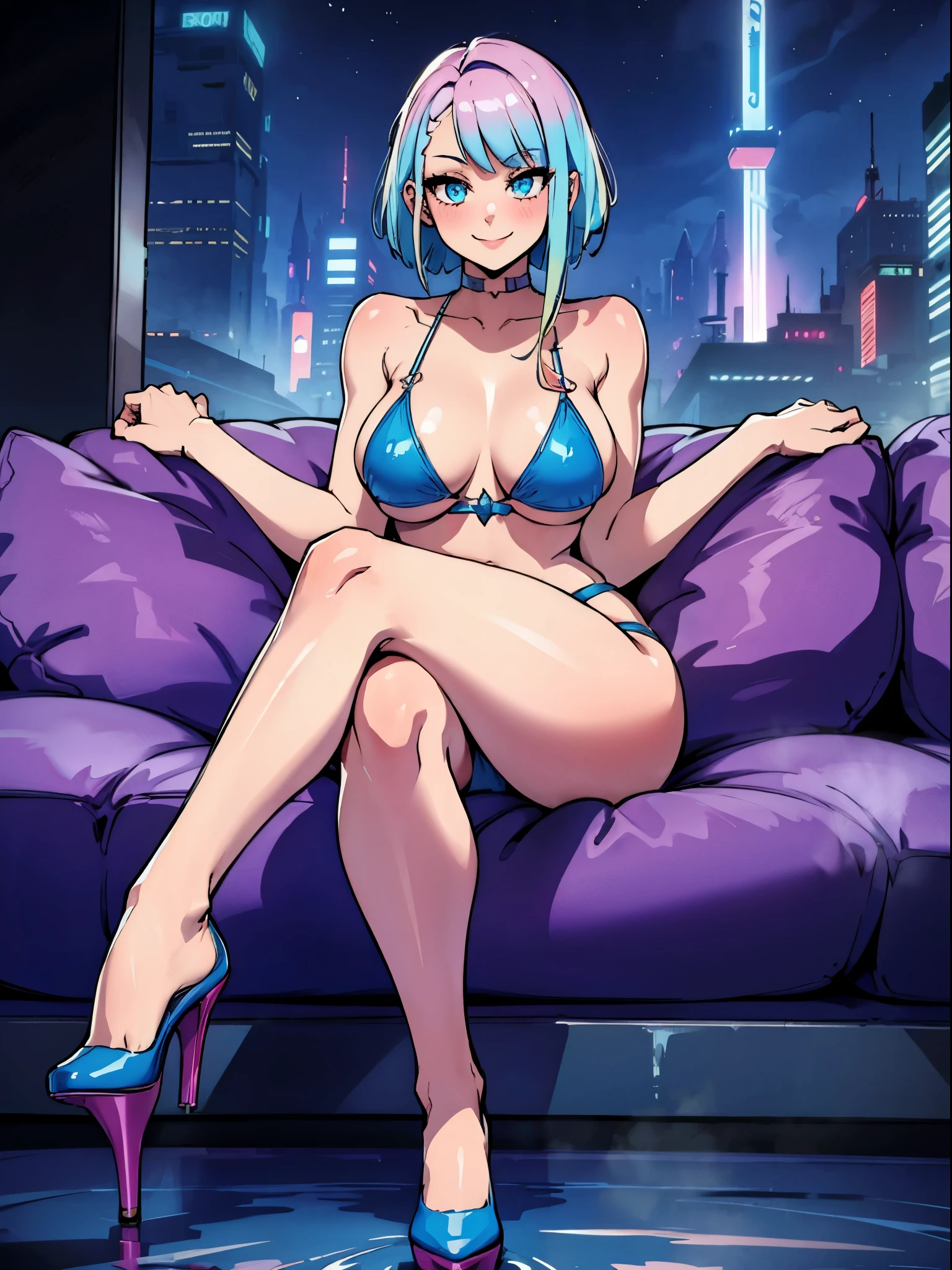 1girl, blue eyes, ((bikini, sitting, crossed legs, legs focus, high heels, smile, in a spa)), curvy figure, overlooking city, blush, day BREAK (((Masterpiece))), ((Highly detailed character)), ((perfect eyes)), ((perfect face)), ((best quality)), ((perfect hands)), high resolution, highly detailed image, thick thighs BREAK Beautiful background, volumetric lighting,