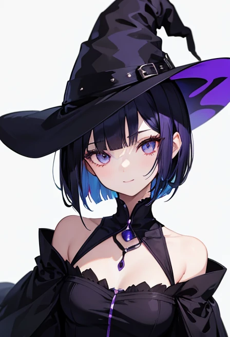 Witch's outfit, Anime-style portrait of a girl with a deep violet bob cut making eye contact with the camera, bright eyes, baby-faced, subtle smile, minimalistic background to emphasize character, high contrast, clean lines, digital painting, vivid colors
