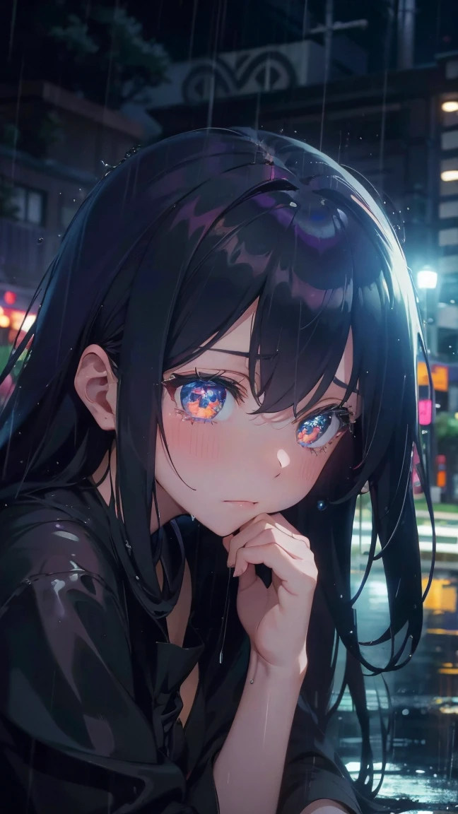 1 anime girl, alone,Black petals flutter, A mysteriously shining butterfly.city,vivid hair,Vivid gemstone eyes,thin legs,Gloomy cloudy sky,sad expression,very clear,highest quality,rainy city,street corner,Are crying,tears,close up of face,Sit in the water,barefoot,heavy rain,turn to the side