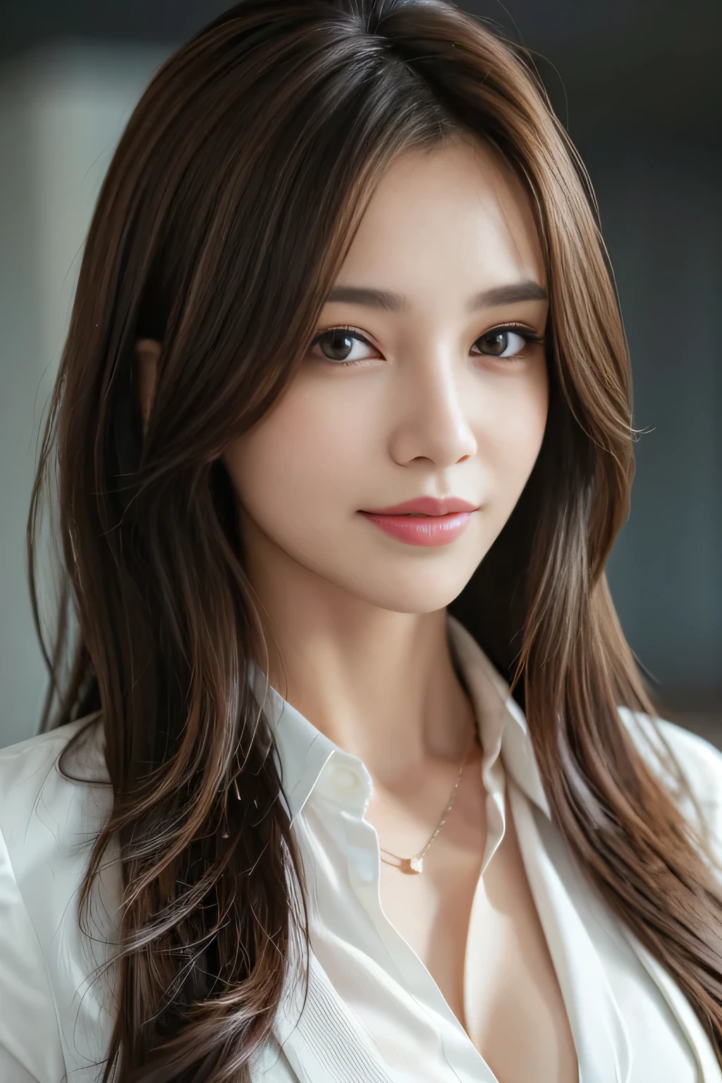 table top, highest quality, realistic, Super detailed, finely, High resolution, 8k wallpaper, 1 beautiful woman,, light brown messy hair, wearing a business suit, sharp focus, perfect dynamic composition, finely beautiful eyes, thin hair, Detailed and realistic skin texture, smile, close-up portrait, model body shape