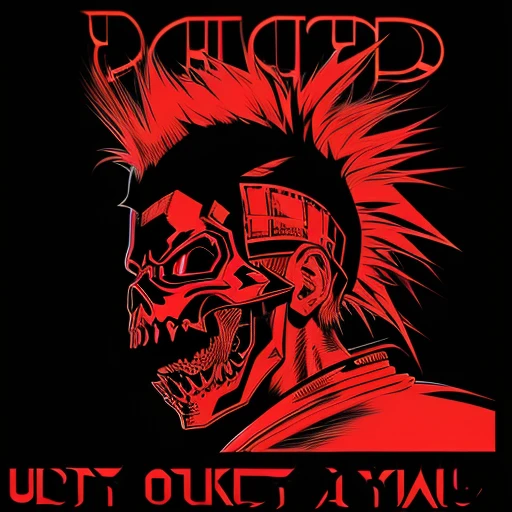 official art, unity 8k wallpaper, ultra detailed, aesthetically pleasing, High quality, masterpiece, best quality, Punk skull with red mohawk, side view, 1man, looking left, wide open mouth, detailed teeth, empty eye sockets, black and red graphic style, high contrast, (best quality, 4k, 8k, high resolution, masterpiece:1.2), ultra-detailed, illustration, HDR, UHD, sharp focus, bold lines, (punk, rebellious, aggressive:1.2), cool color tones,