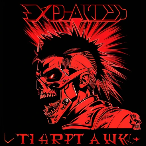 official art, unity 8k wallpaper, ultra detailed, aesthetically pleasing, High quality, masterpiece, best quality, Punk skull with red mohawk, side view, 1man, looking left, wide open mouth, detailed teeth, empty eye sockets, black and red graphic style, high contrast, (best quality, 4k, 8k, high resolution, masterpiece:1.2), ultra-detailed, illustration, HDR, UHD, sharp focus, bold lines, (punk, rebellious, aggressive:1.2), cool color tones,