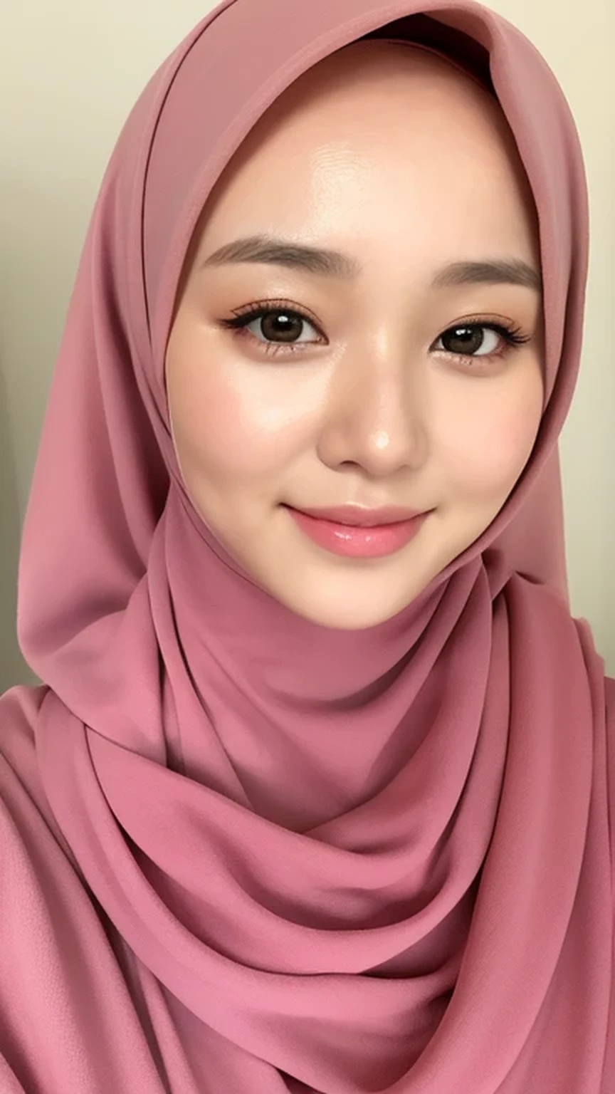 (lifelike, High resolution:1.3), 1 Girl with perfect body, very detailed face and eyes,hijab, indonesian:1.2, whole body, beautiful, cute face, smile, white clothes, pink scarf