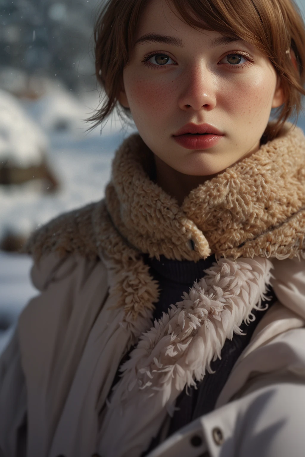 there is a woman in a coat standing in the snow, soft portrait shot 8 k, 8k portrait render, cinematic realistic portrait, realistic face moody lighting, small character. unreal engine 5, ultra detailed portrait, cinematic portrait, close - up portrait shot, cinematic beautiful natural skin, portrait of nordic girl, soft portrait, photorealism 8k, ultra realistic portrait