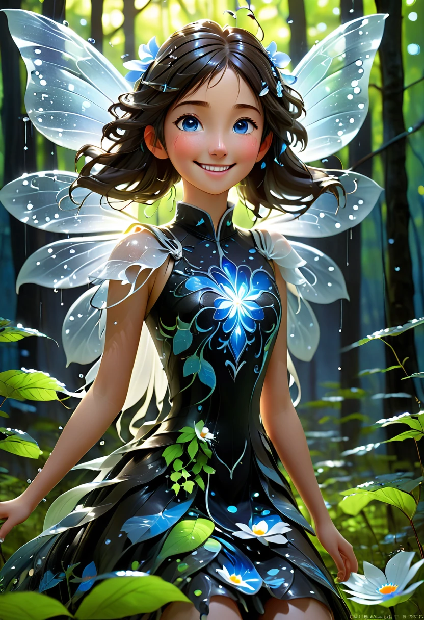 (((Infront a backdrop of think leaves with dew on them in the forest))) Is a girl ((smiling)) ((full body)) with a white and blue flower kneeling, eyes closed, her arms folded around herself,, wearing a luminating Light wide strap dress. Her Dress send out beams of white light inluminating the darkness around her black moths swirl around the light by starsnits90 3d art, inspired by WLOP, Artstatianime", 3d anime art, inspired byArtstation,genshinimpact pixiv, extremely detailed, aesthetic, concept art, ultrafine detail, breathtaking, 8k resolution, pixiv, extremely detailed, aesthetic, concept art, ultrafine detail, breathtaking, 8hd resolution,