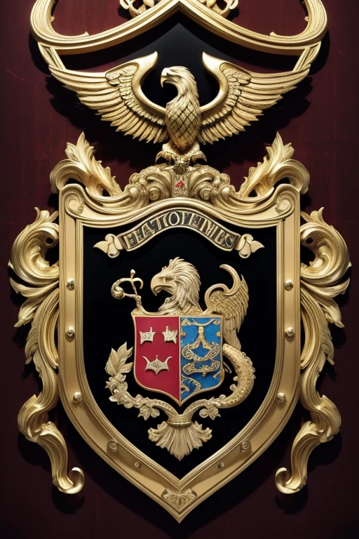 (realistic, photorealistic, photo-realistic:1.37), Coat of arms, detailed, regal, majestic, opulent, grandeur, emblem, heraldry, intricate design, gold accents, vibrant colors, lion rampant, shield, crown, ornate, intricate patterns, detailed scrollwork, intricate flourishes, majestic eagle, majestic lion, laurel wreath, noble, royal, ancient, historic, centuries-old, rich history, symbol of power and authority, timeless, prestigious, elegant, luxurious, craftsmanship, fine details, expertly crafted, meticulous, exquisite, detailed textures, seamless transitions, high-resolution, best quality, 4k, 8k, masterpiece:1.2, realistic lighting, studio-quality lighting, high-definition, sophisticated, remarkable, extraordinary, flawless, pride of the empire, legacy, prestigious lineage, mighty, formidable, awe-inspiring, enduring.