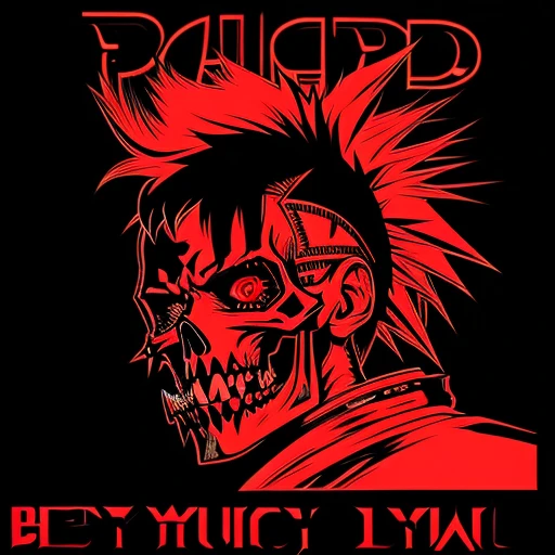 official art, unity 8k wallpaper, ultra detailed, aesthetically pleasing, High quality, masterpiece, best quality, Punk skull with red mohawk, side view, 1man, looking left, wide open mouth, detailed teeth, empty eye sockets, black and red graphic style, high contrast, (best quality, 4k, 8k, high resolution, masterpiece:1.2), ultra-detailed, illustration, HDR, UHD, sharp focus, bold lines, (punk, rebellious, aggressive:1.2), cool color tones,