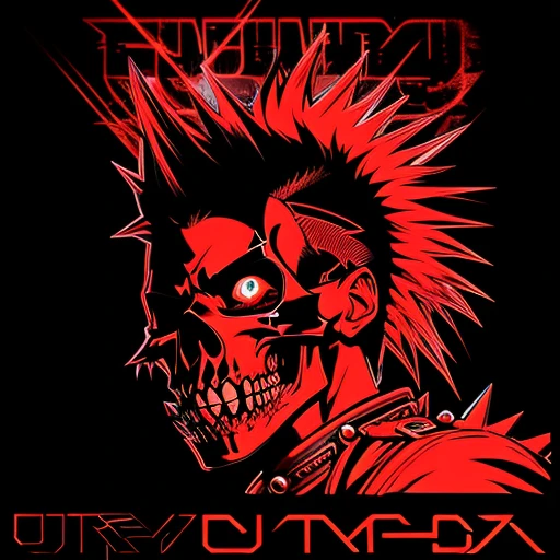 official art, unity 8k wallpaper, ultra detailed, aesthetically pleasing, High quality, masterpiece, best quality, Punk skull with red mohawk, side view, 1man, looking left, wide open mouth, detailed teeth, empty eye sockets, black and red graphic style, high contrast, (best quality, 4k, 8k, high resolution, masterpiece:1.2), ultra-detailed, illustration, HDR, UHD, sharp focus, bold lines, (punk, rebellious, aggressive:1.2), cool color tones,