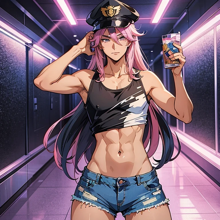 A beautiful man, pink hair, long hair, tall, Face in love, beautiful anime face, super high quality, masterpiece, 20 year old man, black police hat, white tank top, navel visible, sexy pose, nice body, ripped denim shorts, crotch emphasis, crotch touching, only one person in the room,  hentai anime,  see-through clothes,  tempting gestures, femboy