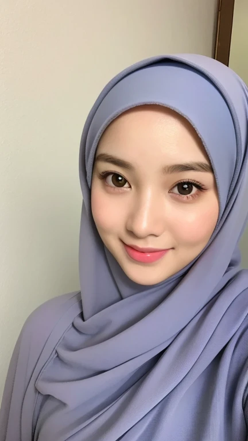 (lifelike, High resolution:1.3), 1 Girl with perfect body, very detailed face and eyes,hijab, indonesian:1.2, whole body, beautiful, a room, white room, cute face, smile, blue