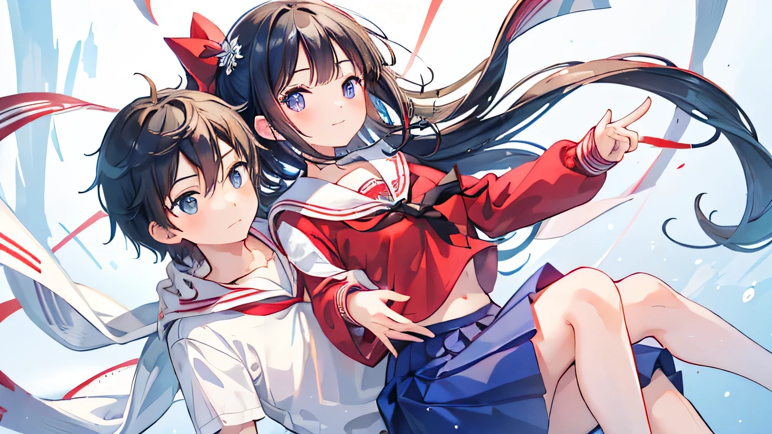 Masterpiece, best quality, high resolution, 1 boy and 1 girl, short black hair, Sagittarius, fierce eyes, red shirt, white sailor collar, tie, blue pants,
masterpiece, best quality, idol, blue skirt, light blue long hair, bow hair, red shirt, white sailor collar, white scarf, pleated skirt, blue skirt, smile,