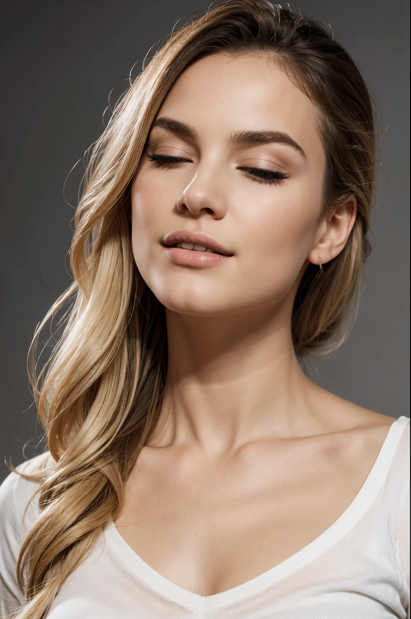 masterpiece, best quality, extremely detailed, hyperrealistic, photorealistic, a beautiful 20s french model, white background:1.1, waving hand, darkgray shirt:1.2, ultra detailed face, lower ponytail, blonde hair, pale skin, busty breasts, laughing, closed eyes