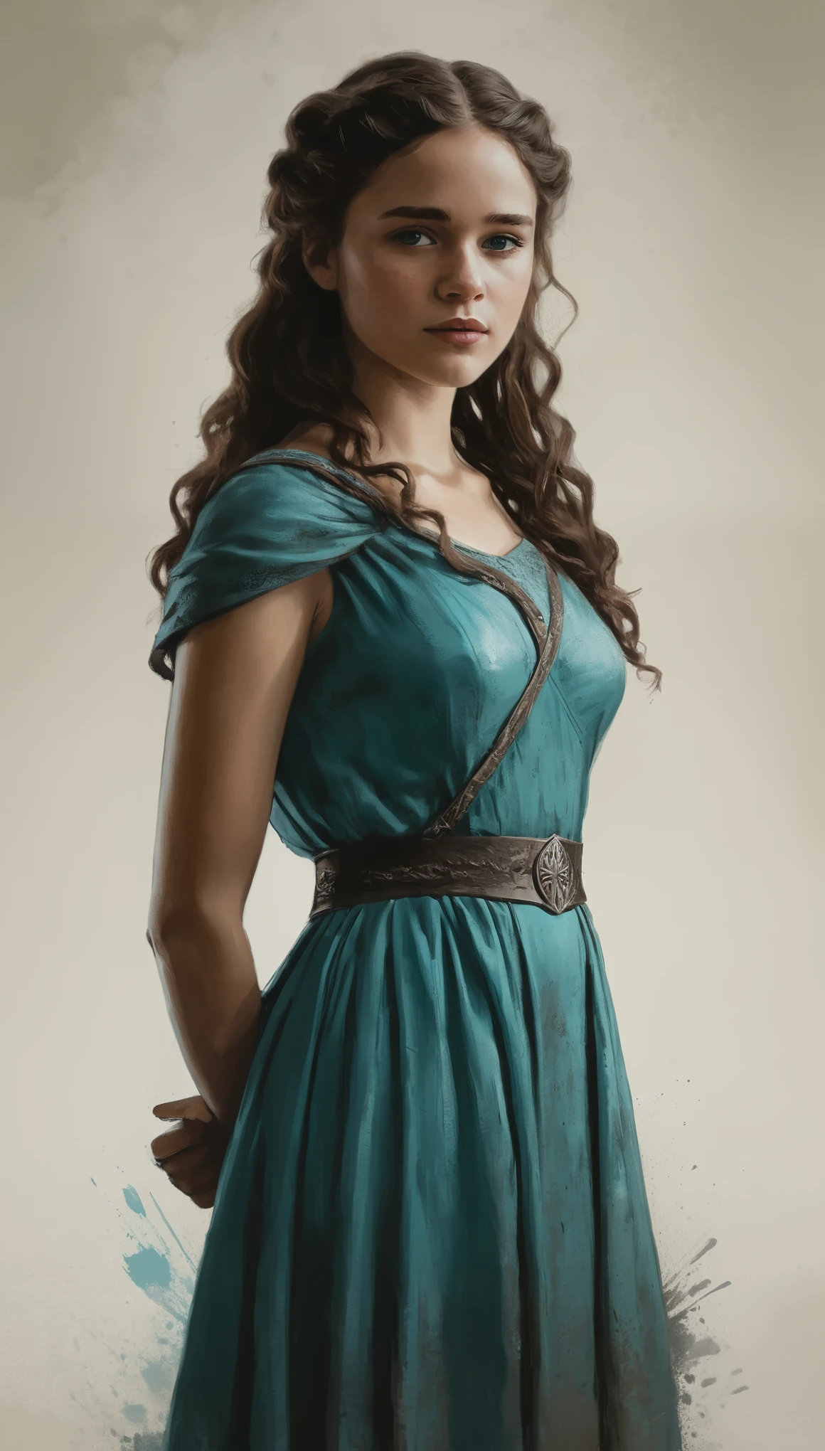 An illustrated movie poster, hand-drawn, full color, a Westerosi age girl, wearing a regal dress, warm brown complexion, freckles, turquoise eyes, dark hair, long loose curls, waist-length hair, posing on a pedestal, hard shadows, graphite shading, stencil marks, airbrushed acrylic paint, masterpiece, in the style of Game of Thrones 