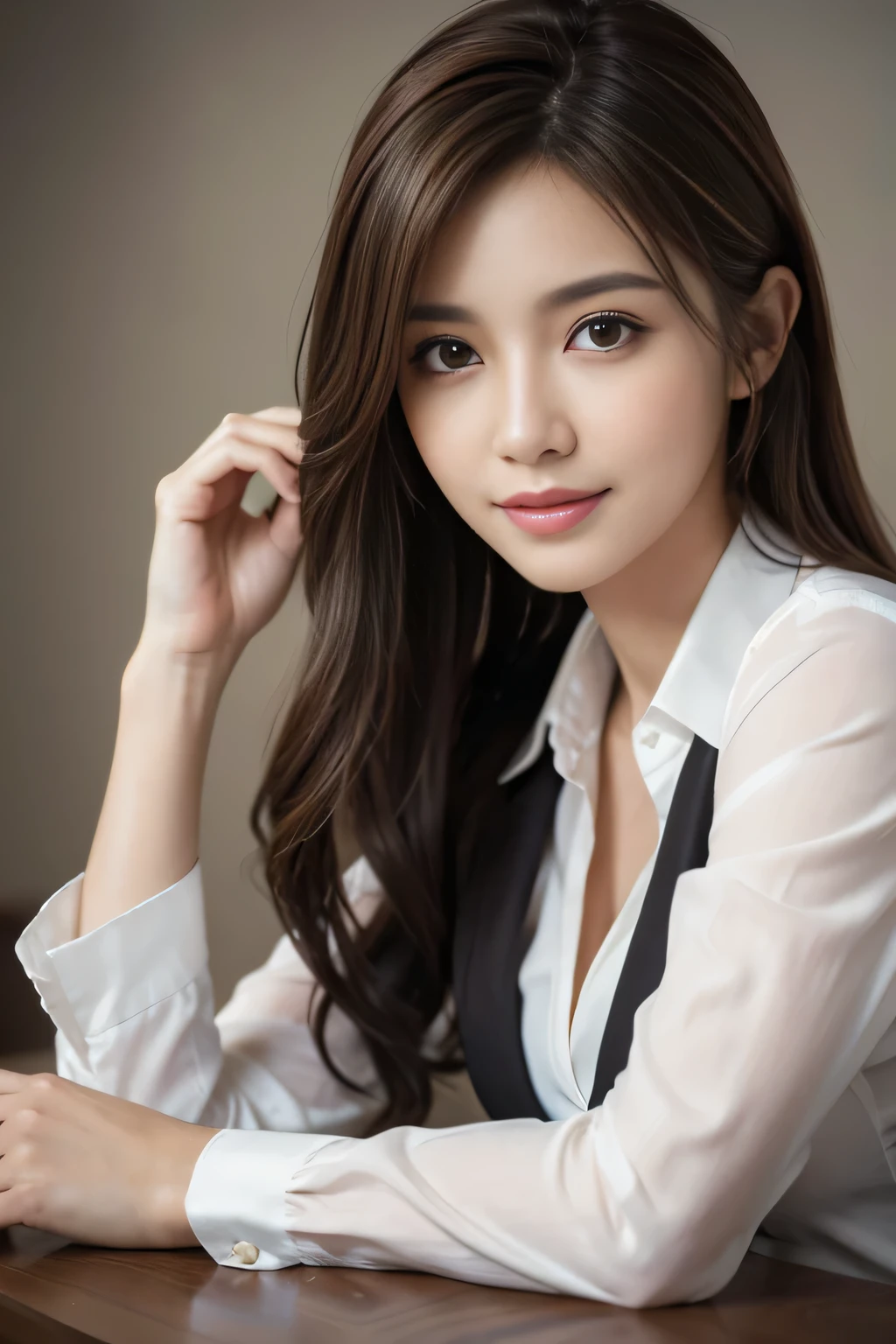 table top, highest quality, realistic, Super detailed, finely, High resolution, 8k wallpaper, 1 beautiful woman,, light brown messy hair, wearing a business suit, sharp focus, perfect dynamic composition, finely beautiful eyes, thin hair, Detailed and realistic skin texture, smile, close-up portrait, model body shape