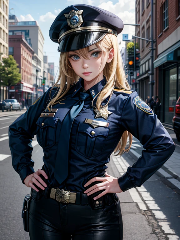 Masterpiece, best quality, detailed face, MILF, blonde hair, Police uniform, trousers, standing, hands on hips, police cap,in street, looking at viewer, neutral face