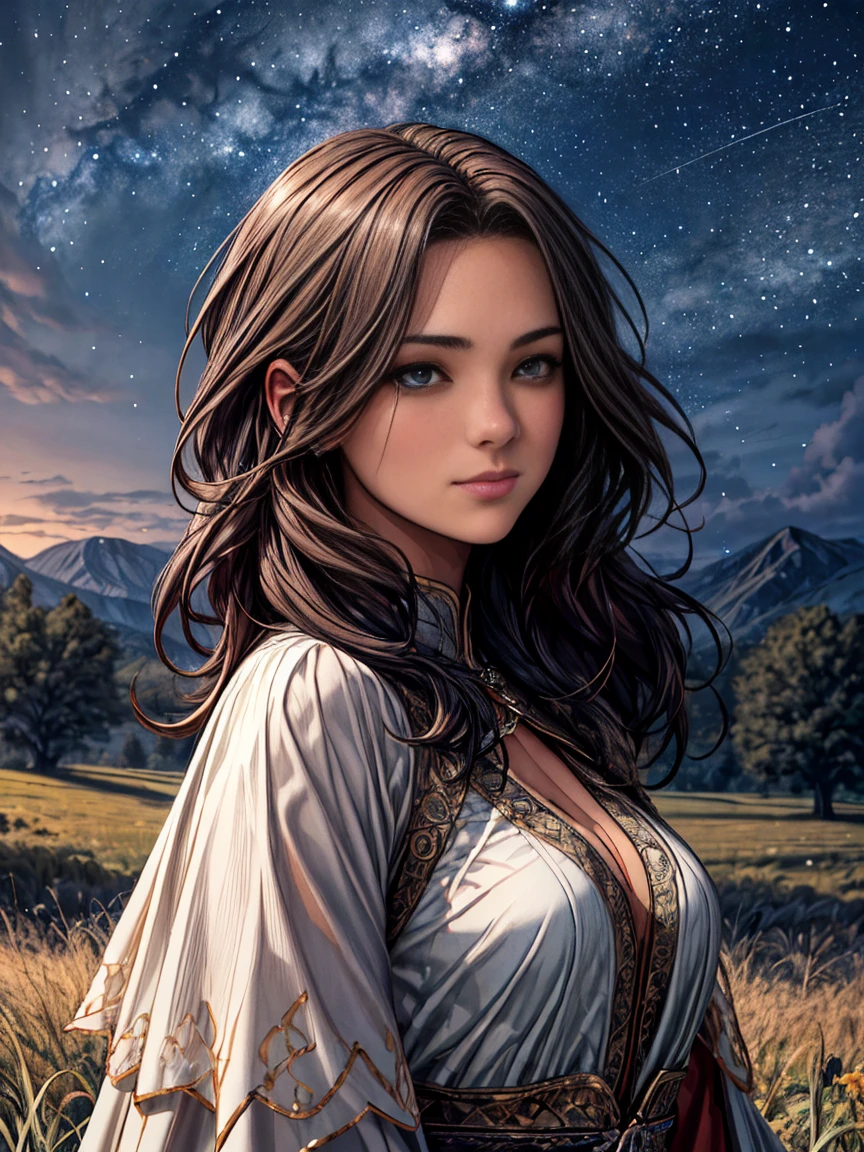 (best quality, highres, realistic:1.37), ultra-detailed, a girl looking up at the Milky Way galaxy, wearing a flowing earth-toned ethnic costume, her eyes sparkling with wonder, full of hopes and dreams, a sense of serenity in her expression, surrounded by flickering stars, radiating a soft glow, the night sky painted with vibrant colors, magical and ethereal, the girl standing on a lush green meadow, a gentle breeze gently rustling her hair, a sense of tranquility and harmony in the peaceful scenery.