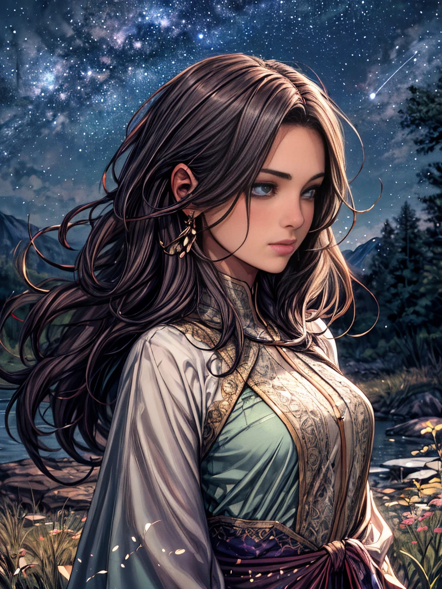 (best quality, highres, realistic:1.37), ultra-detailed, a girl looking up at the Milky Way galaxy, wearing a flowing earth-toned ethnic costume, her eyes sparkling with wonder, full of hopes and dreams, a sense of serenity in her expression, surrounded by flickering stars, radiating a soft glow, the night sky painted with vibrant colors, magical and ethereal, the girl standing on a lush green meadow, a gentle breeze gently rustling her hair, a sense of tranquility and harmony in the peaceful scenery.