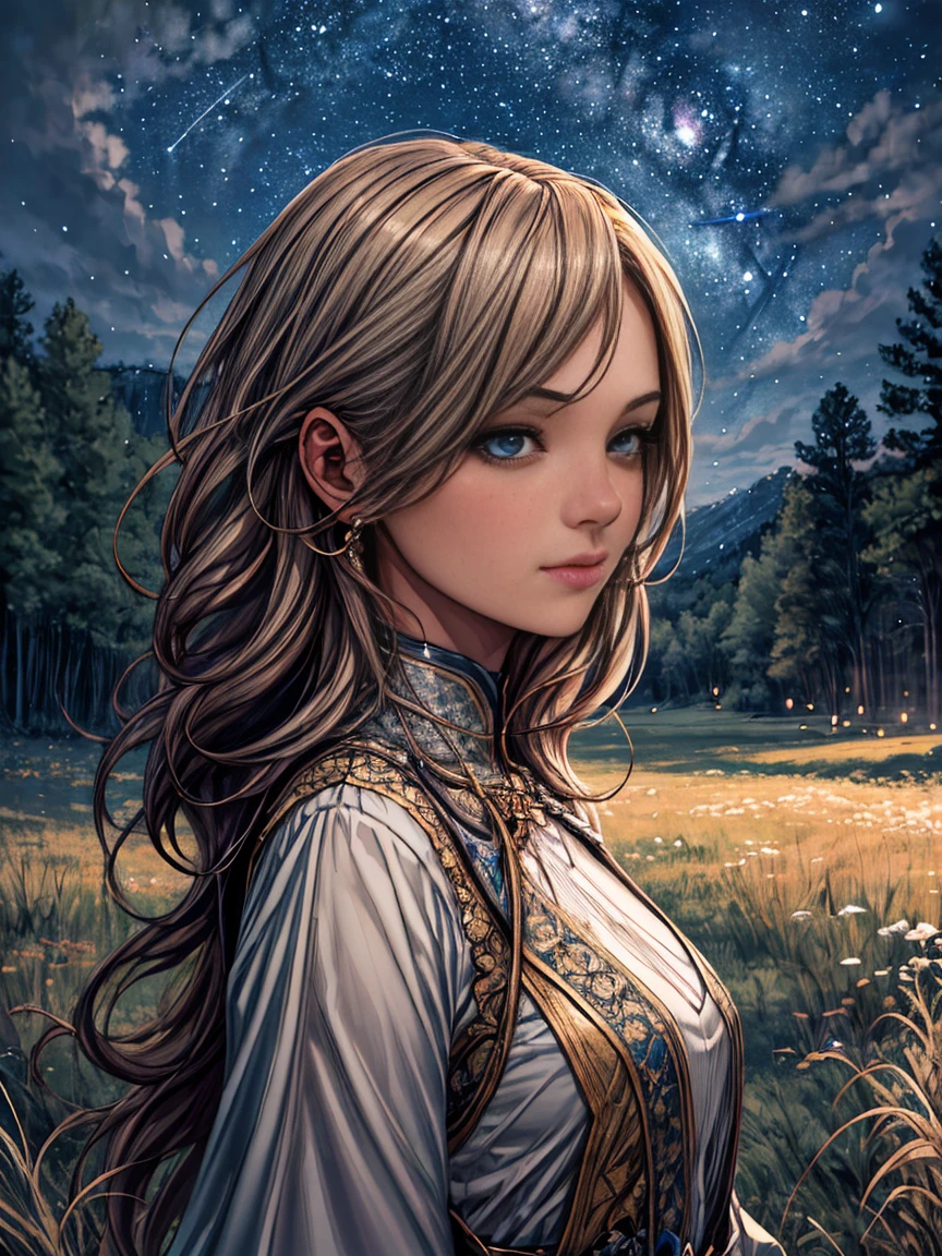 (best quality, highres, realistic:1.37), ultra-detailed, a girl looking up at the Milky Way galaxy, wearing a flowing earth-toned ethnic costume, her eyes sparkling with wonder, full of hopes and dreams, a sense of serenity in her expression, surrounded by flickering stars, radiating a soft glow, the night sky painted with vibrant colors, magical and ethereal, the girl standing on a lush green meadow, a gentle breeze gently rustling her hair, a sense of tranquility and harmony in the peaceful scenery.