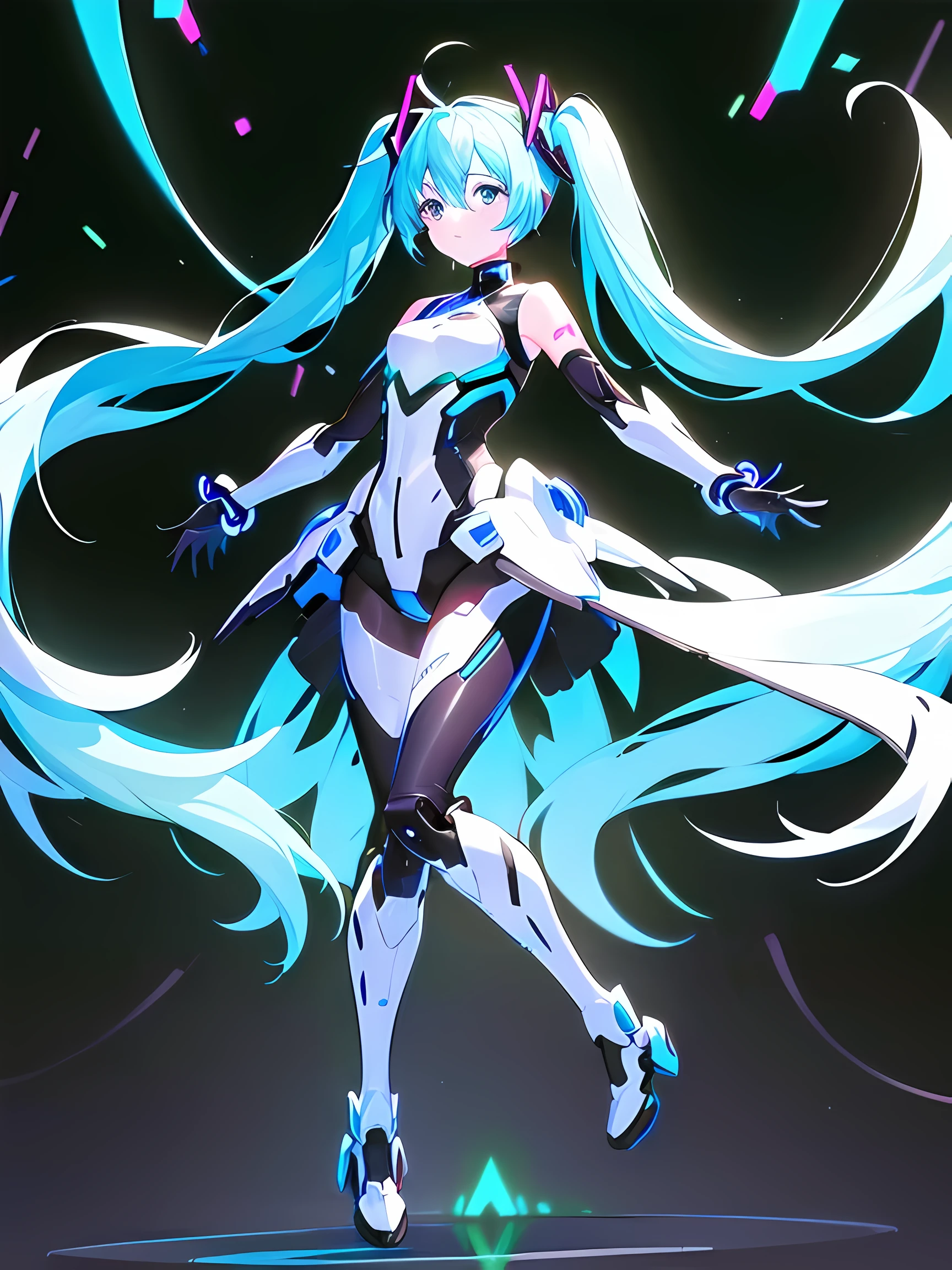 masterpiece, high contrast, {(hologram)}, (outline only), wireframe, gaming, futuristic, transparent body, neon tube, (Mecha musume), HatsuneMiku, mechanical Cyborg body, Cyber suit, stylish, long twintails, expression hair, glitch, silhouette, transparent face, solid black, floating, dynamic pose, ))more_details:-1, more_details:-1, more_details:0, more_details:0.5, more_details:1, more_details:1.5