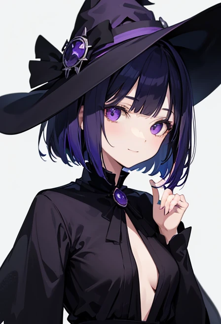Witch's outfit, Anime-style portrait of a girl with a deep violet bob cut making eye contact with the camera, bright eyes, baby-faced, subtle smile, minimalistic background to emphasize character, high contrast, clean lines, digital painting, vivid colors