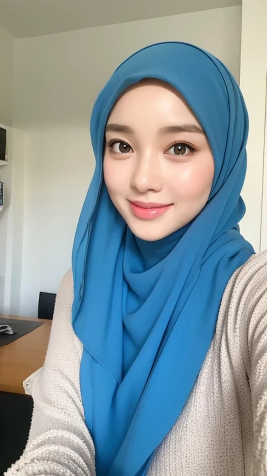 (lifelike, High resolution:1.3), 1 Girl with perfect body, very detailed face and eyes,hijab, indonesian:1.2, whole body, beautiful, a room, white room, cute face, smile, blue