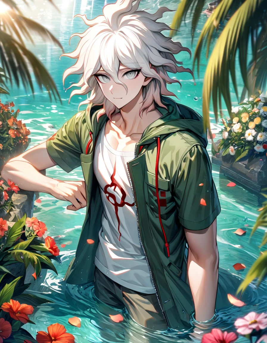 Ultra detailed, Highres, absurdres, HDR, Komaeda Nagito, white hair, silver eyes, green long coat, white t-shirt, Danganronpa 2, 1 man only, water, petals, flowers, summer, handsome