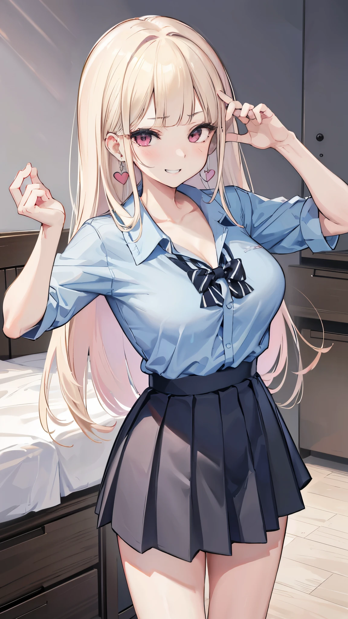 (8K、Highest image quality、highest quality、masterpiece)、detailed face、 1 girl、nakamura misaki (nanae), light blonde hair, blunt bangs, long hair, pink eyes, heart shaped earrings, mole under eye、evil smile、((grin))、big breasts、((Light blue collared shirt))、cleavage、((black pleated skirt))、((miniskirt))、cowboy shot、bedroom background
