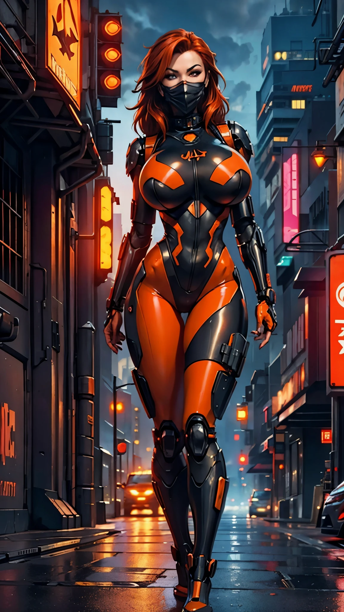 Redhead female huge breasts sexy cyberpunk setting wearing orange and black bodysuit mech mask in city night high quality masterpiece 