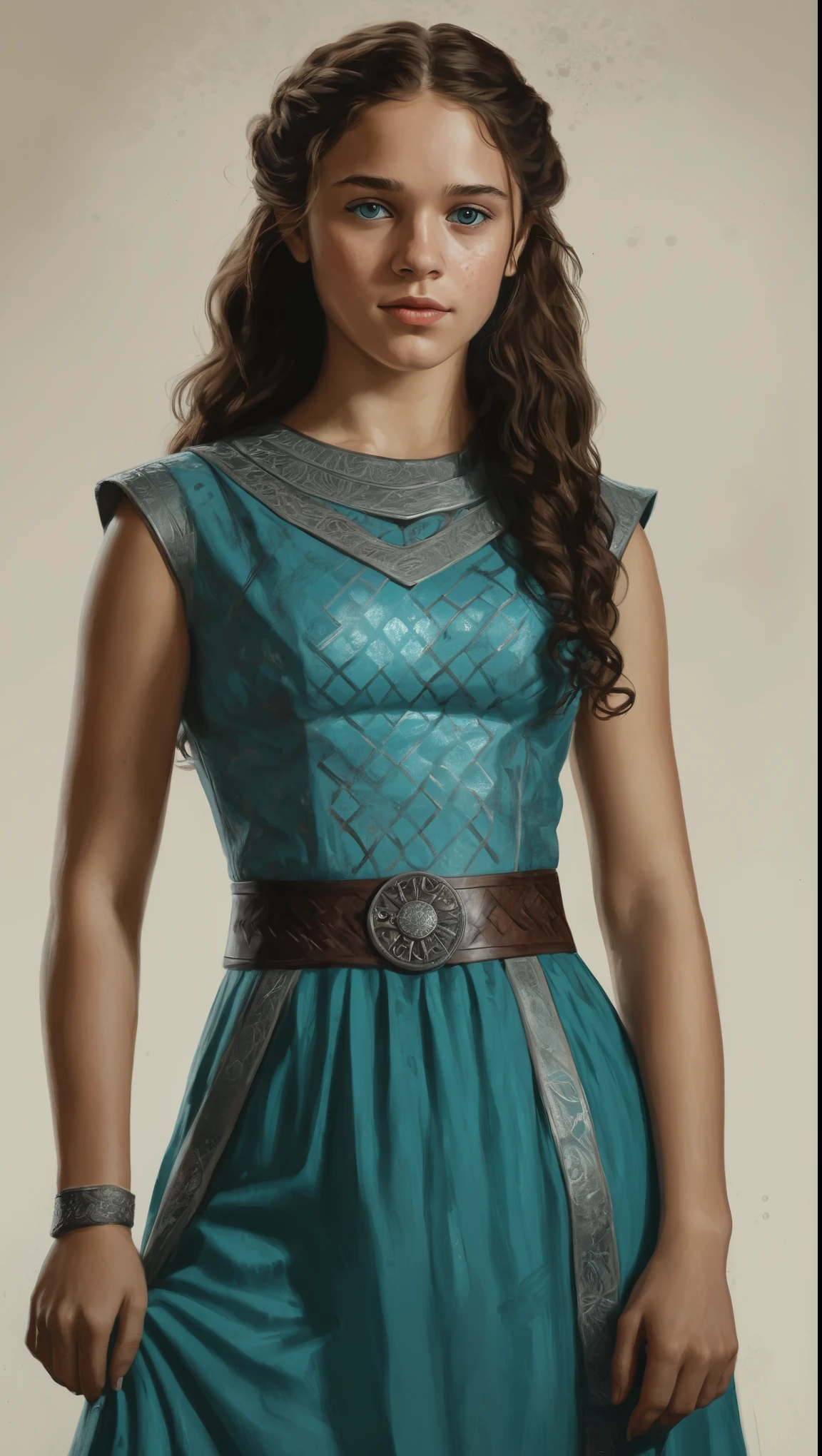 An illustrated movie poster, hand-drawn, full color, a Westerosi age girl, wearing a regal dress, warm brown complexion, freckles, turquoise eyes, dark hair, long loose curls, waist-length hair, posing on a pedestal, hard shadows, graphite shading, stencil marks, airbrushed acrylic paint, masterpiece, in the style of Game of Thrones